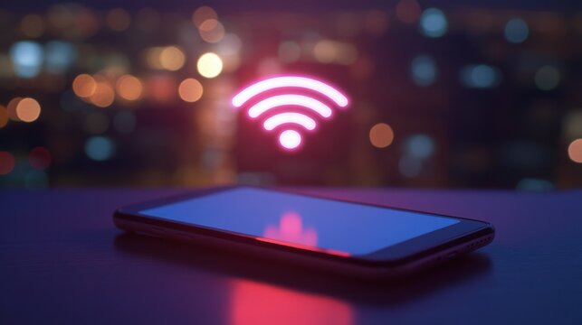High-speed Wi-Fi signal symbol glowing above a smartphone on desk