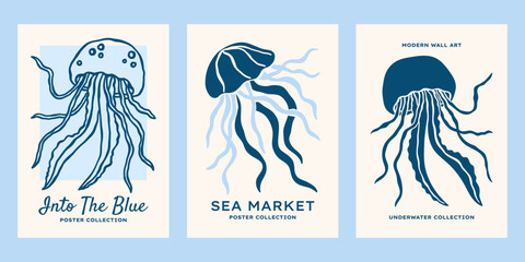Underwater ocean creatures vector posters set. Minimalist retro sea print designs with jellyfishes illustrations