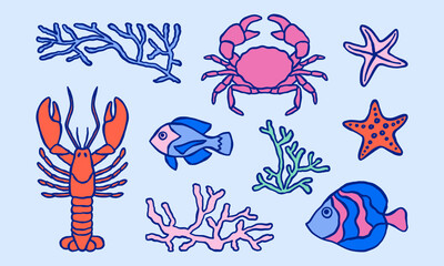 Underwater ocean life minimalist simple illustrations set. Sea fishes, starfishes, seaweeds, corals, crab, lobster vector doodles