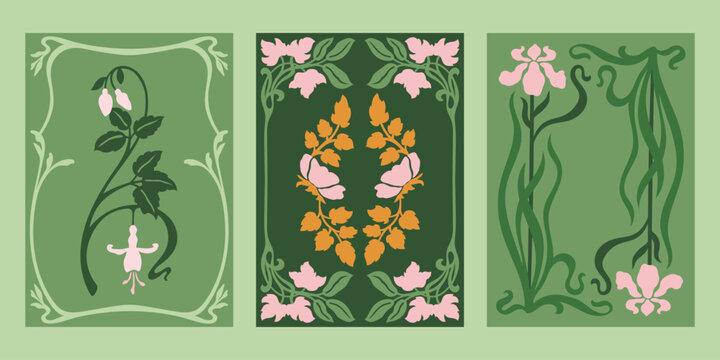 Art Nouveau style vector posters set. Vintage print designs with flowers, abstract florals compositions, whimsical frames