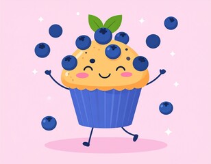 Happy Dancing Blueberry Muffin Character Dancing on a Pink Background 