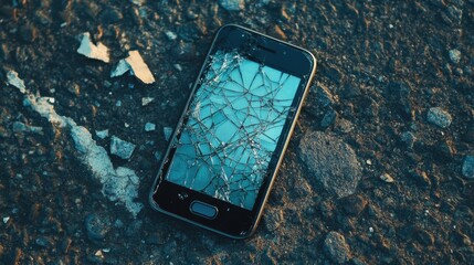 Retro mobile phone with a cracked screen lying on rough pavement