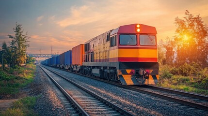 Obraz premium Train carrying cargo containers moving on a newly constructed railway track near a port