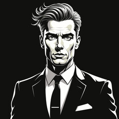 Fototapeta premium Stylish man in suit with serious expression on black background