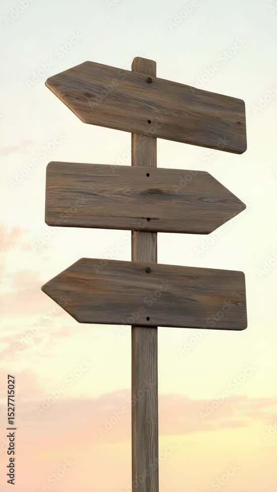 Poster Multiple views of a wooden signpost with three arrows pointing in different directions, set against a serene sunset backdrop, symbolizing choices and decisions