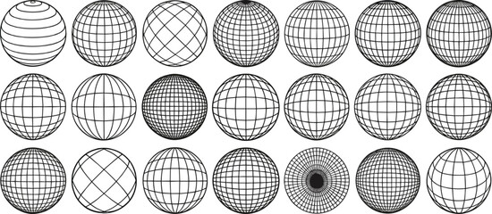 Vector globe wireframe collection, 3D sphere grid illustrations, abstract globe mesh shapes, global design set, digital earth elements pack