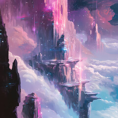 Majestic floating islands illuminated by cosmic light in a vibrant sky Generative AI