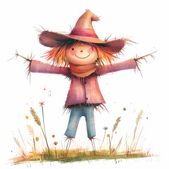 A cheerful scarecrow stands in a golden field of wheat, welcoming autumn's arrival