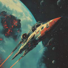 Spacecraft navigates through asteroid field near a vibrant planet Generative AI