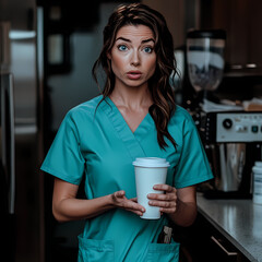 Nurse holding a cup of coffee in a hospital breakroom Generative AI