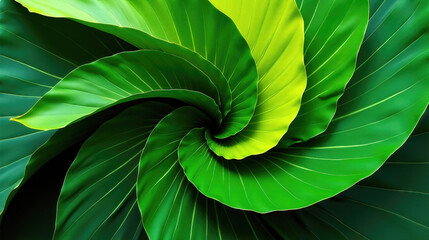 lose-up of a spiral formation of vibrant green leaves showing intricate patterns and textures. This botanical image highlights natural beauty through its vivid leaf arrangement