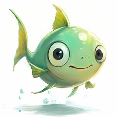 Cute green fish swims playfully with bubbles underwater Generative AI