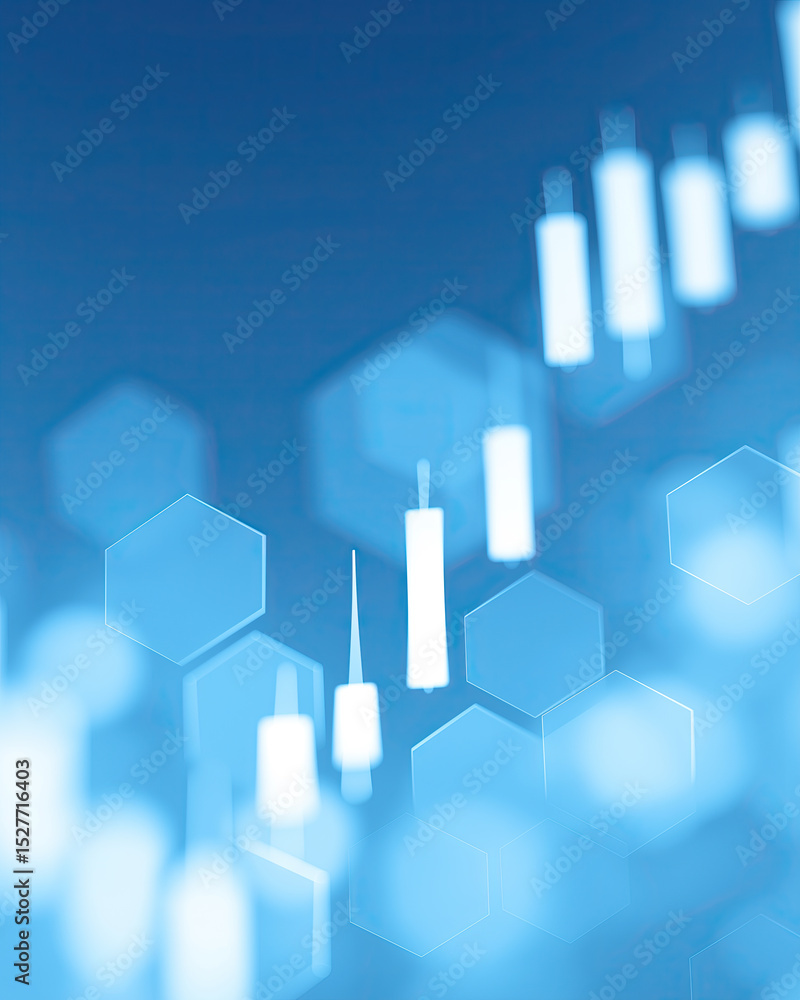 Poster abstract blue candlestick graph floats amidst translucent hexagonal geometry overlay