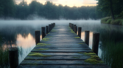 A wooden dock stretching into a calm lake in the morning mist