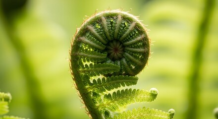 Fern Frond Unfurling: A captivating macro photograph reveals the delicate spiral of a fern frond as it unfurls, embodying the fresh, lively spirit of nature.