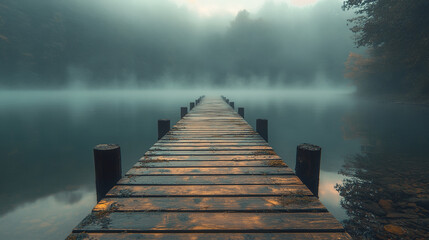 A wooden dock stretching into a calm lake in the morning mist
