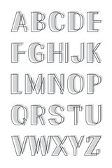 Vector alphabet with offset outlines and abstract shadowed style. Creative typographic design in black and white with artistic depth.