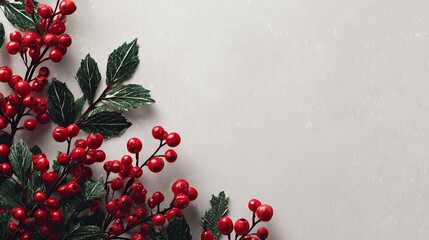 Elegant Christmas card template with red berries and green leaves on light grey background, minimalist holiday design for greeting cards