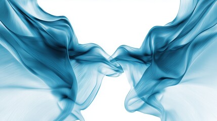 Abstract blue floating smoke or fabric shapes on white background, soft dreamy digital art style with harmonious composition
