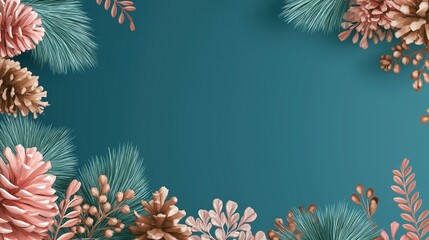Elegant Christmas-themed background with teal, pink, and gold pine cones and evergreen branches, solid color backdrop, perfect for social media, cards, posters, or presentations