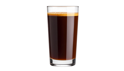 A tall glass of dark juice  with a foamy head isolated on solid white background Png