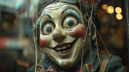 Close up of a wooden marionette with tangled strings 
