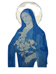 Illustration of the virgin mary in blue robes holding lilies with a halo on a black background isolated white background