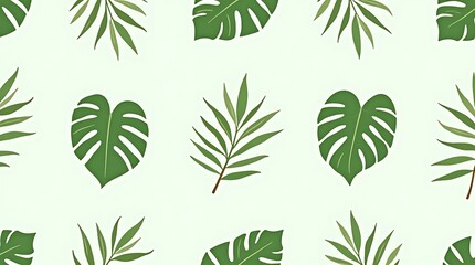 Tropical Leaf Pattern Seamless Green Monstera and Palm Leaves Background
