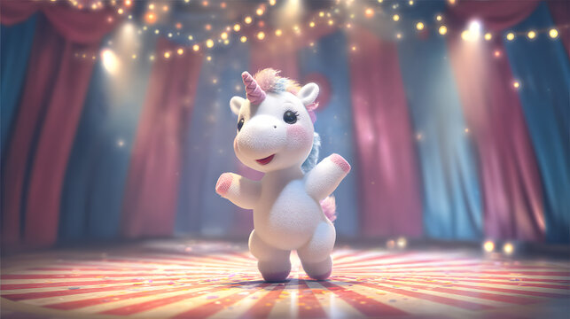 3d Cartoon Of dancing baby unicorn on circus