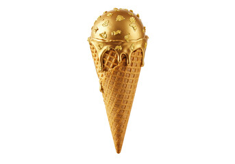 Isolated Luxurious Golden Ice Cream Cone with Dripping Gold