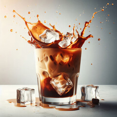 Glass of iced coffee with milk splash and ice cubes on white surface, beverage concept.
