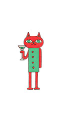 A red cartoon cat wearing a green dress holding a martini glass against a black background space filler isolated white background