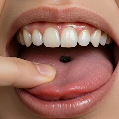Obraz premium a person's tongue gently probing a tooth with a noticeable cavity, conveying a sense of discomfort and self-awareness of the problem.