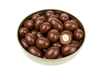 Isolated Chocolate Covered Hazelnuts in a Golden Tin