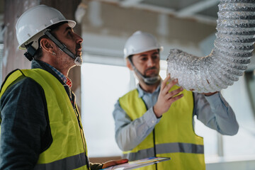 Two construction workers evaluate air ducts during a building inspection. They wear safety gear and...