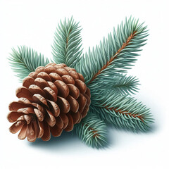Brown pine cone with green pine needles isolated on white background. Natural evergreen plant elements.