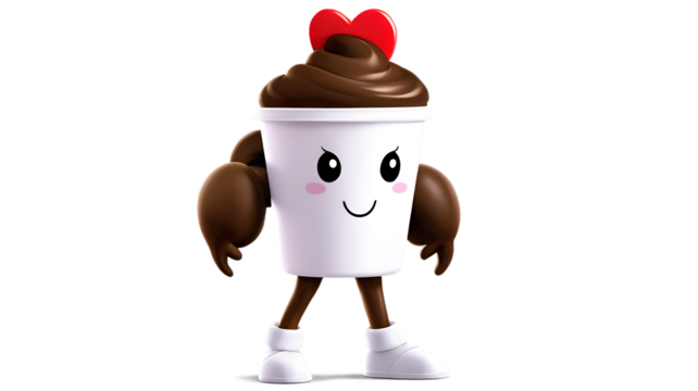 Cute coffee cup cartoon character with a heart stands with arms up
