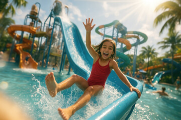 Joyful Summer Moments: Child Laughing and Sliding Down a Waterslide in a Vibrant Water Park During a Fun-Filled Family Vacation.

