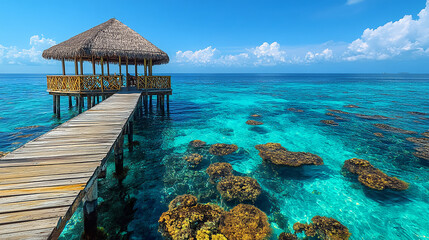 A wooden pier stretching into the crystal-clear sea in the background 