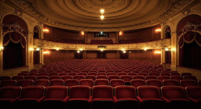Vintage theater interior, plush seating in rows, golden trim, dramatic lighting casting warm glows, elegant and timeless atmosphere