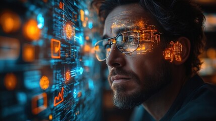 Focused man interacts with futuristic interface