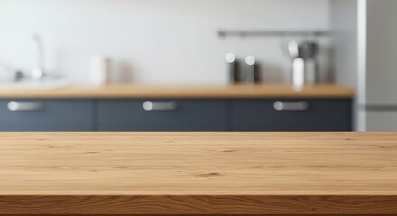 Empty Wooden Countertop in Blurred Modern Kitchen Interior