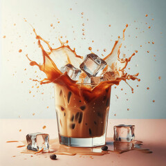 Glass of iced coffee with ice cubes splashing, coffee beans on surface, cold beverage concept.