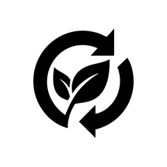 Black vector icon of a leaf inside a circular recycling loop symbolizing sustainability. Eco-friendly emblem combining leaf and arrows to represent renewable and green initiatives.



