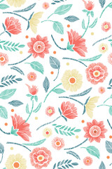 Floral Seamless Pattern with Embroidered Flowers and Leaves Vector
