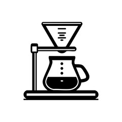 Vector icon of a pour-over coffee brewing setup including dripper and carafe. Minimalist black illustration for barista, cafe, or specialty coffee branding.




