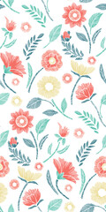 Floral Seamless Pattern with Embroidered Flowers and Leaves Vector