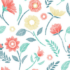 Floral Seamless Pattern with Embroidered Flowers and Leaves Vector
