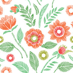 Floral Seamless Pattern with Embroidered Flowers and Leaves Vector