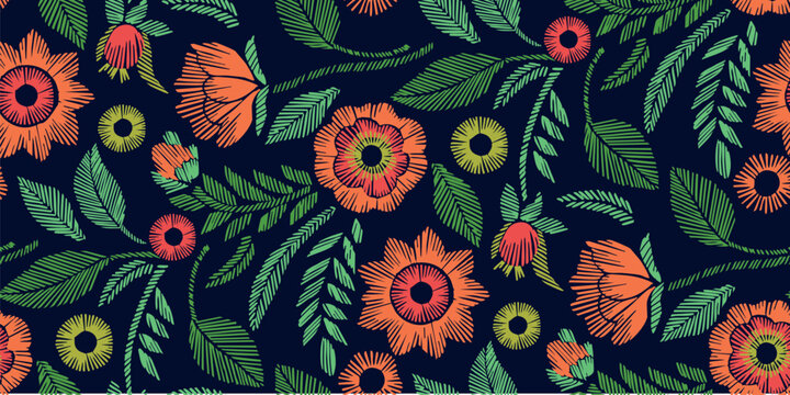 Floral Seamless Pattern with Embroidered Flowers and Leaves Vector